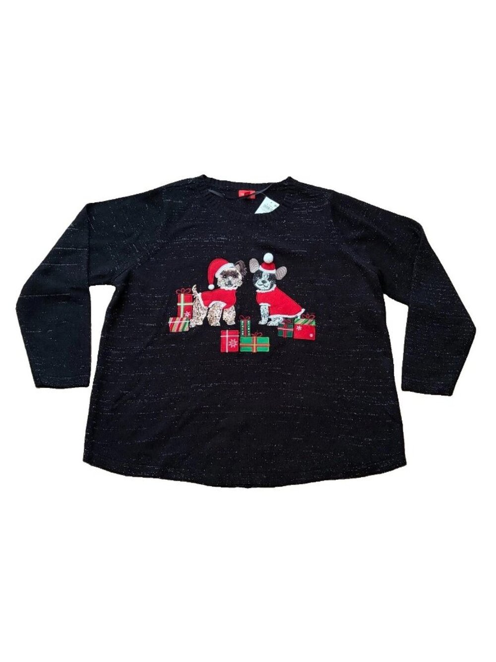 Holiday Lane Plus 1X Black Lurex Christmas Sweater Dog French Bulldog Sequin NWT